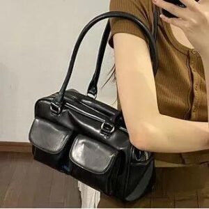 Faux Leather Plain Bowler Bag Black 250164751