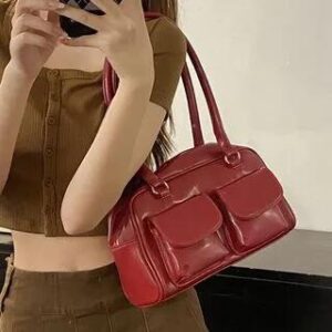 Faux Leather Plain Bowler Bag Red 250164753