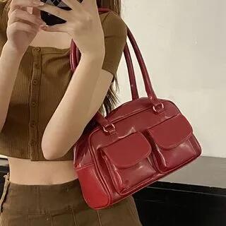 Faux Leather Plain Bowler Bag Red by Letheroni
