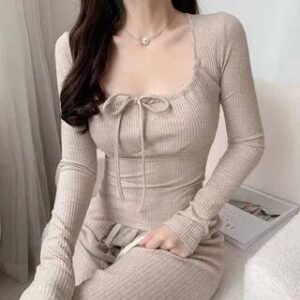Long Sleeve Square-Neck Tie-Front Slim-Fit Top Almond 250164821