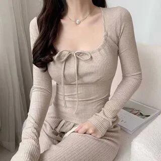 Long Sleeve Square-Neck Tie-Front Slim-Fit Top Almond by Rosesand