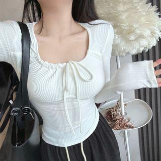Long Sleeve Square-Neck Tie-Front Slim-Fit Top White by Rosesand