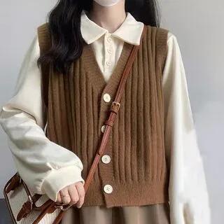 V-Neck Ribbed Button-Up Sweater Vest / Long-Sleeve PoloShirt / High Waist Wide Leg Shorts Vest - Brown by Strawolf