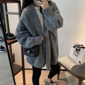 Plain Open Front Oversized Cardigan Gray 250164911