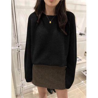Long-Sleeve Round Neck Plain Sweater Black by Ukiyo