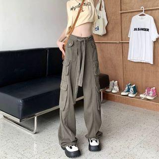 Low Waist Straight-Fit Wide-Leg Cargo Pants Grayish Green by Rosesand