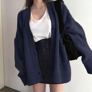 V-Neck Plain Cardigan Navy Blue 250165173