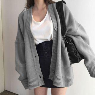 V-Neck Plain Cardigan Gray by Janerium