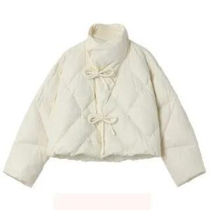 Stand Collar Bow Button Puffer Jacket Almond 250165178