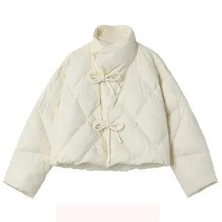 Stand Collar Bow Button Puffer Jacket Almond by Gangacore