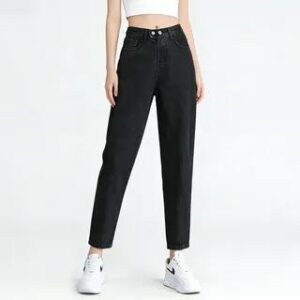 High Waist Washed Cropped Tapered Jeans Black 251231289