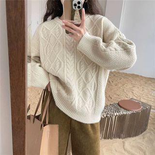 Crew Neck Plain Cable Knit Sweater Off-White by ANORA