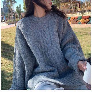 Crew Neck Plain Cable Knit Sweater Gray by ANORA