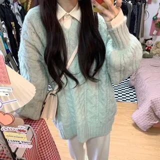 V-Neck Plain Cable-Knit Oversized Sweater Aqua Green by Beaustreet