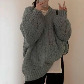 V-Neck Plain Cable-Knit Oversized Sweater Gray by Beaustreet