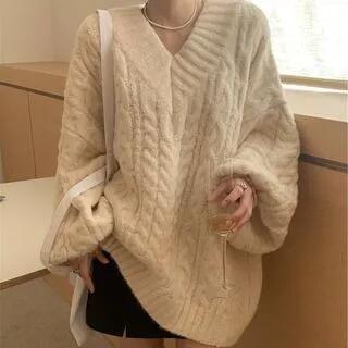 V-Neck Plain Cable-Knit Oversized Sweater Off-White by Beaustreet