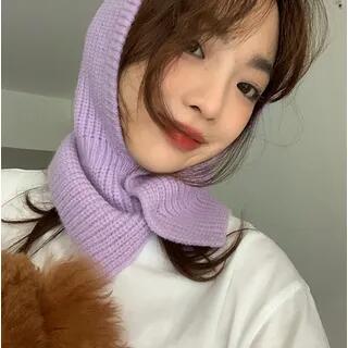 Plain Ribbed Knit Balaclava Hat Purple by Hyeeun