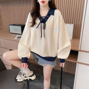 Two Tone Lace Up Polo Sweater Almond 251231717
