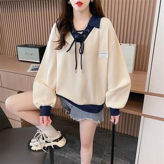 ivory navy-trim collared tie-neck oversized knit jumper