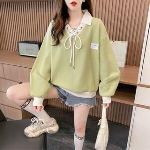 Two Tone Lace Up Polo Sweater Green 251231723