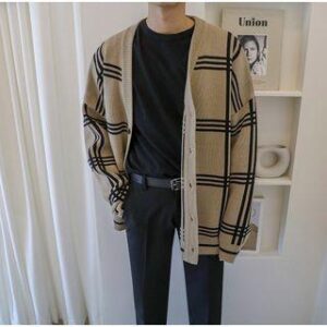 V-Neck Plaid Cardigan Khaki 251231865