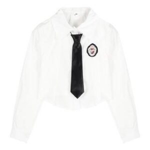 Long-Sleeve Logo Crop Shirt / V-Neck Plain Cable Knit Sweater / High Rise Midi A-Line Skirt Shirt - White 251232178