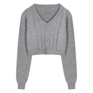 Long-Sleeve Logo Crop Shirt / V-Neck Plain Cable Knit Sweater / High Rise Midi A-Line Skirt Sweater - Gray by Porstina