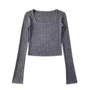 Long Sleeve Square-Neck Plain Ribbed-Knit Slim-Fit Top Dark Gray 251232206