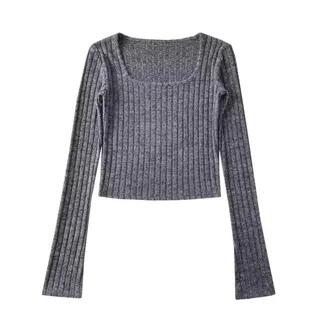 Long Sleeve Square-Neck Plain Ribbed-Knit Slim-Fit Top Dark Gray by Asiris