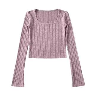 Long Sleeve Square-Neck Plain Ribbed-Knit Slim-Fit Top Light Purple by Asiris