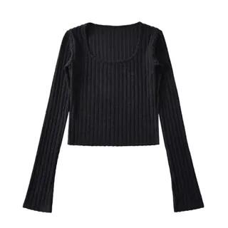 Long Sleeve Square-Neck Plain Ribbed-Knit Slim-Fit Top Black by Asiris