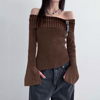 Bell Sleeve Off-Shoulder Plain Ribbed-Knit Slim-Fit Knit Top Brown by Honet