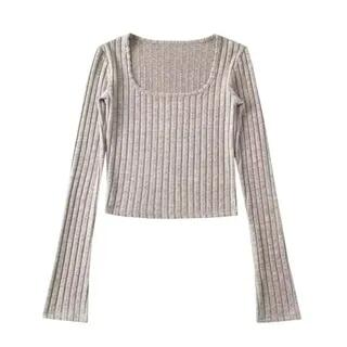 Long Sleeve Square-Neck Plain Ribbed-Knit Slim-Fit Top Khaki by Asiris