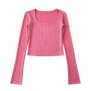 Long Sleeve Square-Neck Plain Ribbed-Knit Slim-Fit Top Rose Red by Asiris