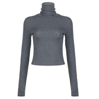 Long Sleeve Mock Neck Plain Slim-Fit Top Gray by Sosana