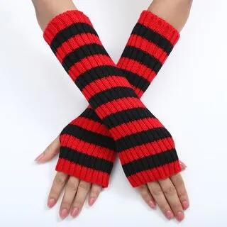 Striped Ribbed Knit Arm Sleeves Red & Black by Kinoxslone