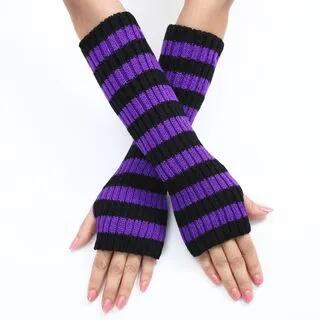 Striped Ribbed Knit Arm Sleeves Black & Purple by Kinoxslone
