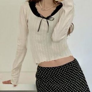 Long Sleeve Mock Two Piece Ruffled-Trim Pointelle Crop Top White 251232646
