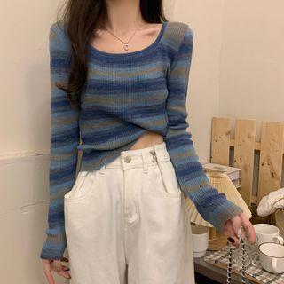 Scoop Neck Striped Sweater Blue by Ukiyo