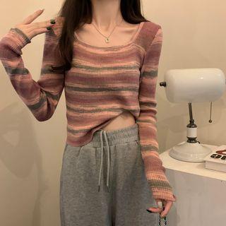 Scoop Neck Striped Sweater Bean Red by Ukiyo