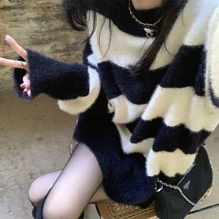 Crew Neck Striped Fluffy Sweater Black & White by KONGER