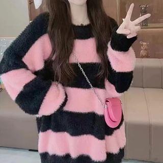 Crew Neck Striped Fluffy Sweater Black & Pink by KONGER