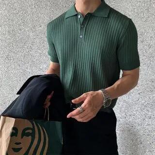Short-Sleeve Collar Plain Ribbed T-Shirt Green by Lingaris