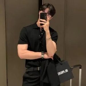 Short-Sleeve Collar Plain Ribbed T-Shirt Black 251233096