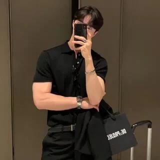 Short-Sleeve Collar Plain Ribbed T-Shirt Black by Lingaris