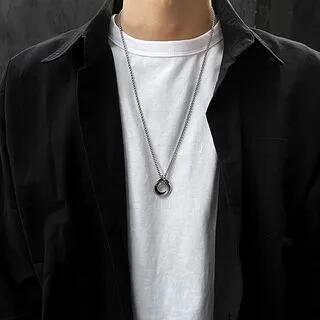 Interlocking Ring Pendant Necklace Titanium Steel Pearl - Necklace - Black - 70cm by Soosina