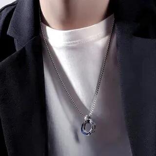 Interlocking Ring Pendant Necklace Titanium Steel Pearl - Necklace - Blue - 70cm by Soosina