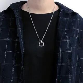 Interlocking Ring Pendant Necklace Titanium Steel - Necklace & Pendant - Black - 60cm by Soosina