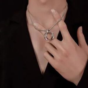 Interlocking Ring Pendant Necklace Titanium Steel Pearl - Necklace & Pendant - Black - 60cm 251233114