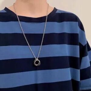 Interlocking Ring Pendant Necklace Titanium Steel Pearl - Necklace & Pendant - Black - 70cm 251233119